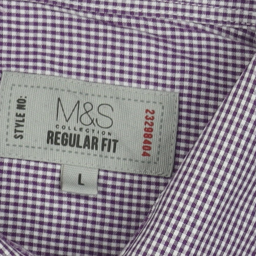 Marks and Spencer Men's Purple Check Short Sleeve Shirt L