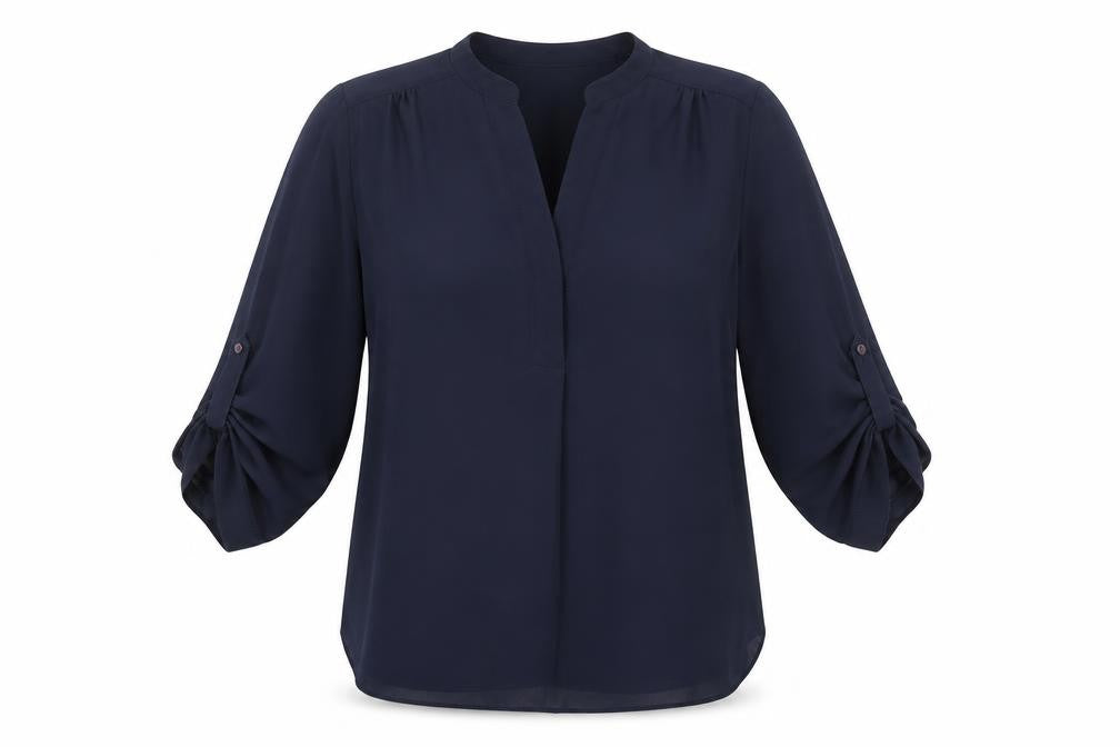 Front view of Dorothy Perkins Women's Blue Blouse, size 12, Roll Tab Sleeve