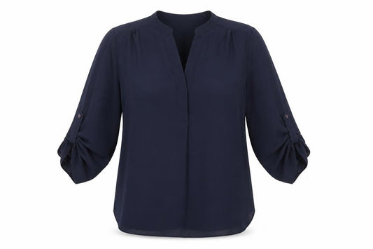Front view of Dorothy Perkins Women's Blue Blouse, size 12, Roll Tab Sleeve