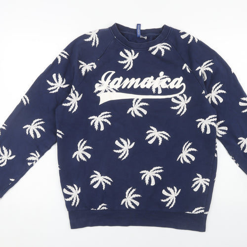 H&M Women's Blue Pullover Sweatshirt, M, Tropical Pattern
