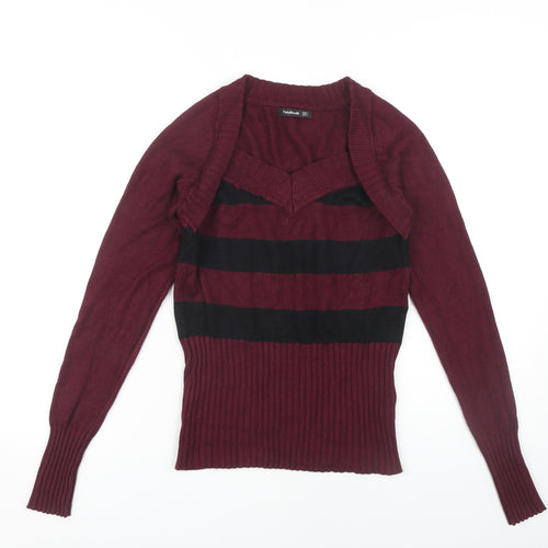 PattyBoutik Women's Red Striped V-Neck Jumper L