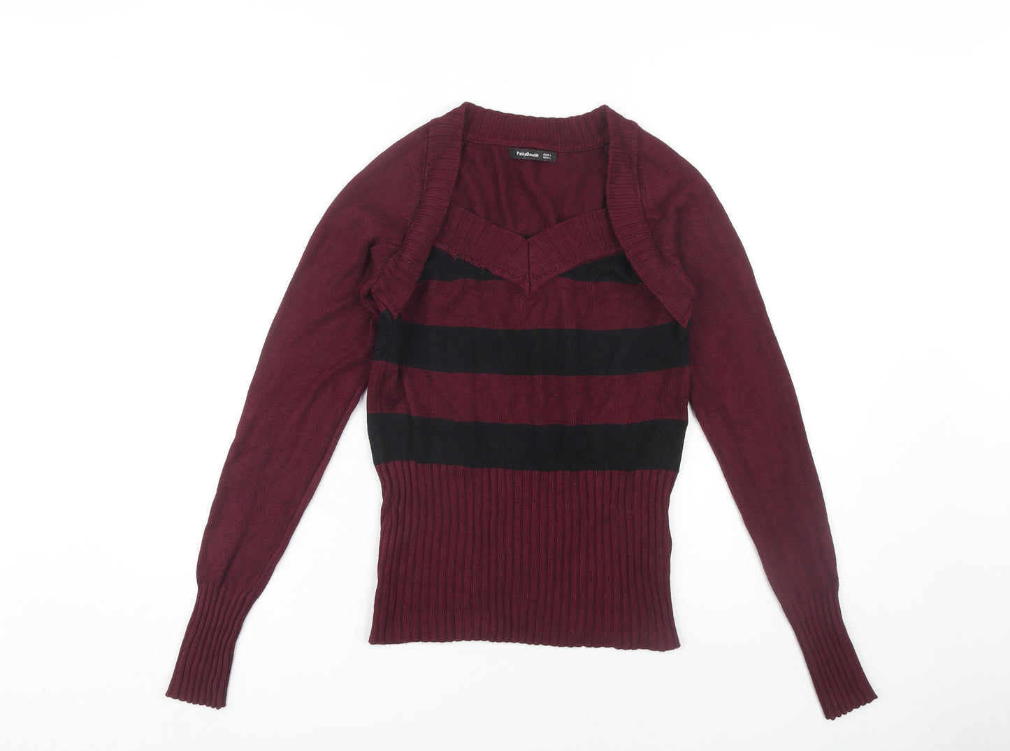 PattyBoutik Women's Red Striped V-Neck Jumper L