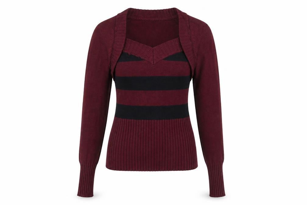 Front view of PattyBoutik Women's Red Striped V-Neck Jumper L