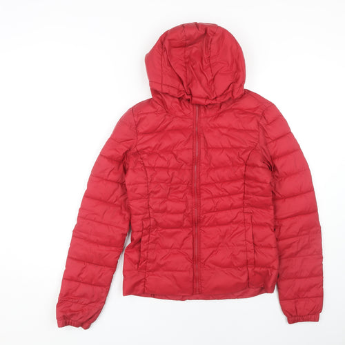 ONLY Women's Red Puffer Jacket, Size S, Hooded Zip