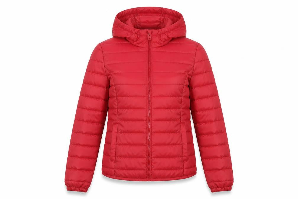 Only Women's Red Puffer Jacket, Size S, Hooded Zip