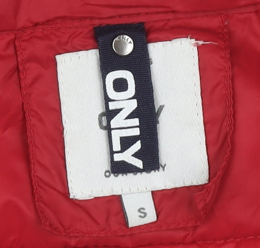 ONLY Women's Red Puffer Jacket, Size S, Hooded Zip