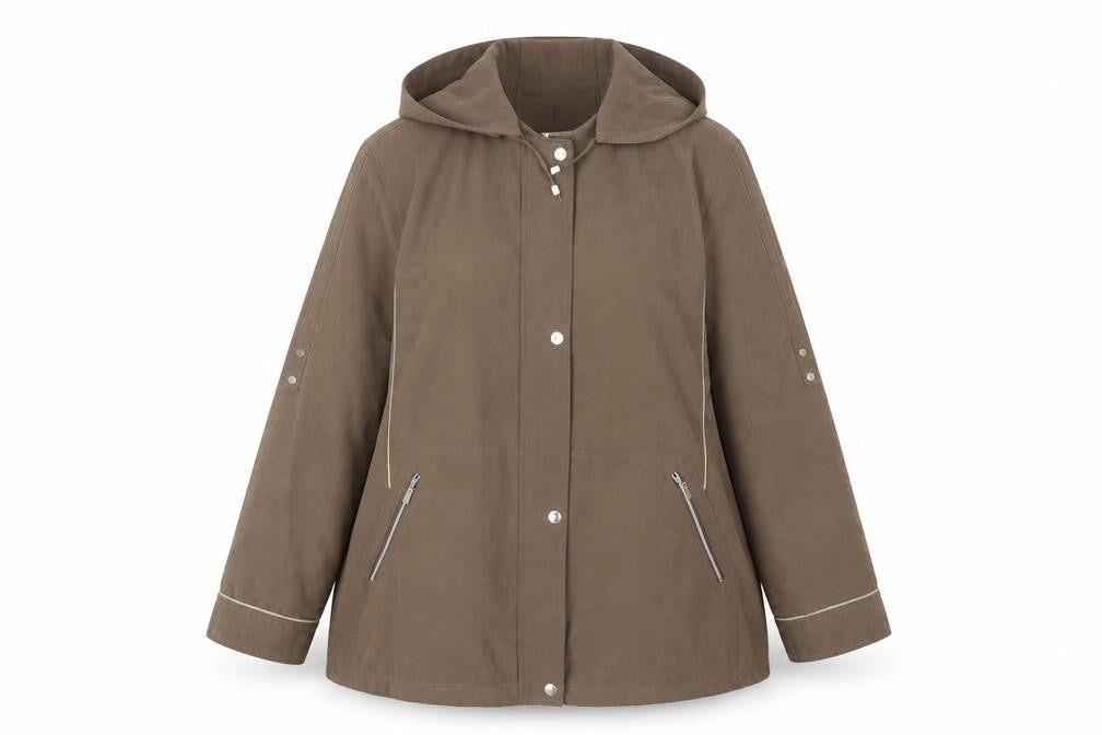 Front view of Balmoral Collection Women's Brown Hooded Mid-Length Jacket