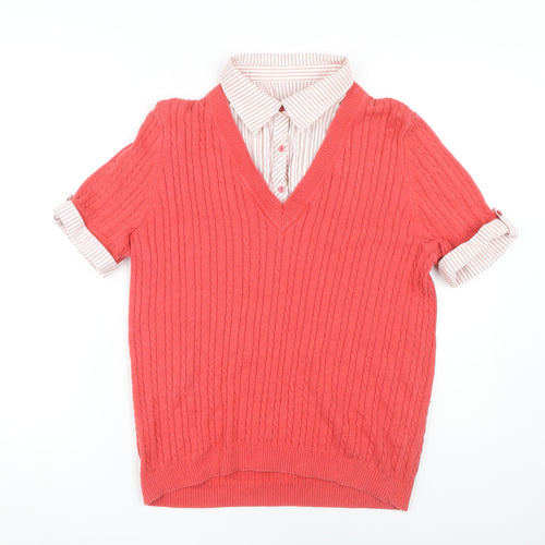 Maine Women's Red V-Neck Cotton Short Sleeve Sweater