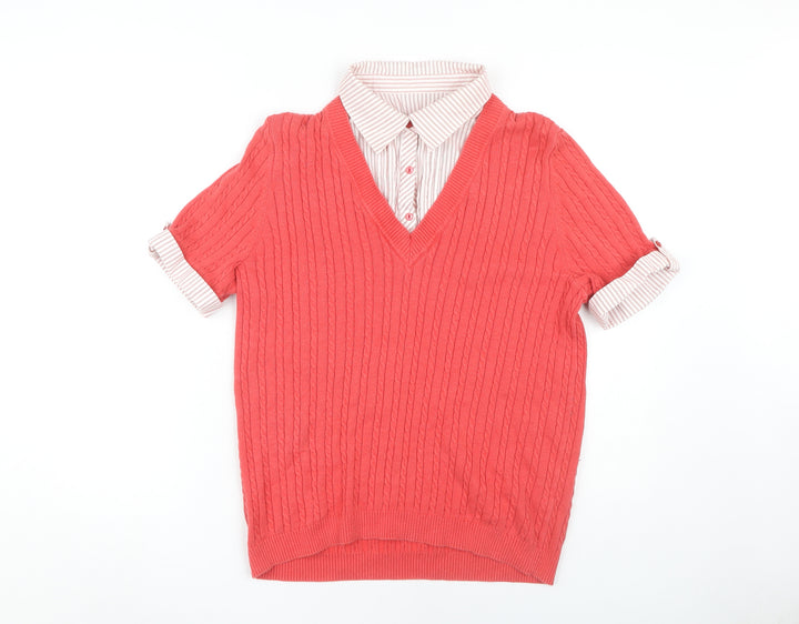 Maine Women's Red V-Neck Cotton Short Sleeve Sweater