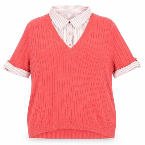 Maine Women's Red V-Neck Cotton Short Sleeve Sweater