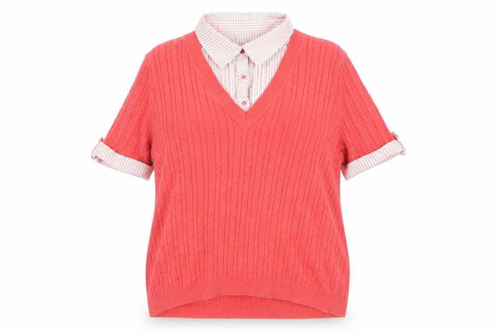 Maine Women's Red V-Neck Cotton Short Sleeve Sweater