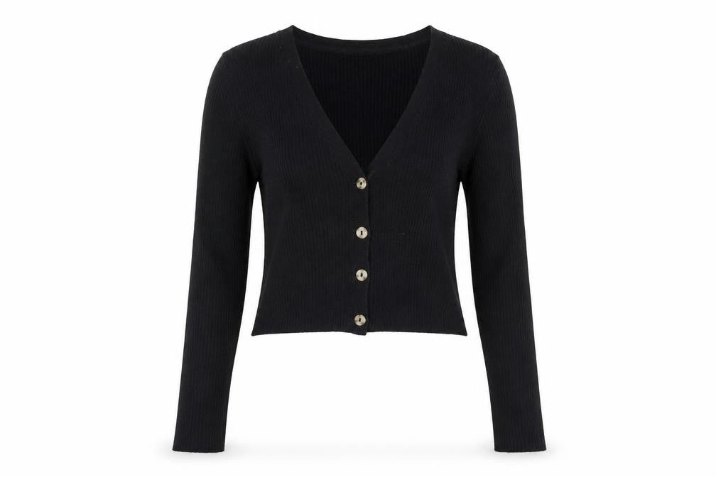 Women's Black Slim Fit V-Neck Cardigan, Size S, Knit