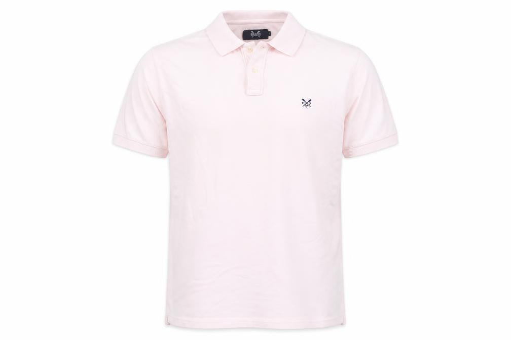 Front view of Crew Clothing Men's Pink Polo, size L, Logo Accent