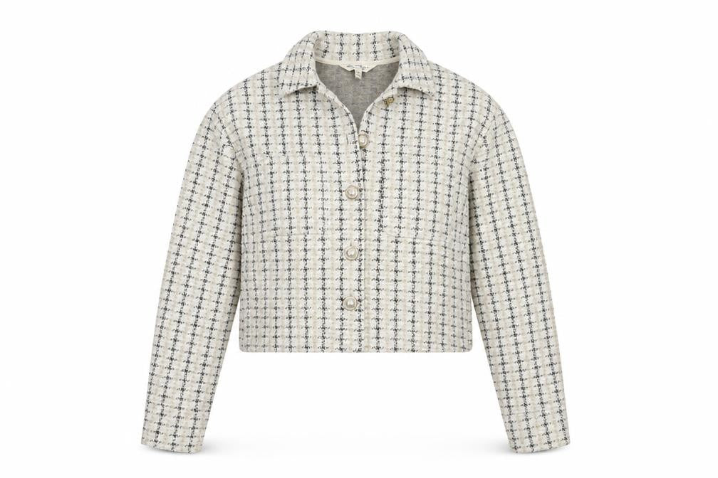 Front view of Miss Selfridge Women's Grey Check Cropped Jacket, size 10