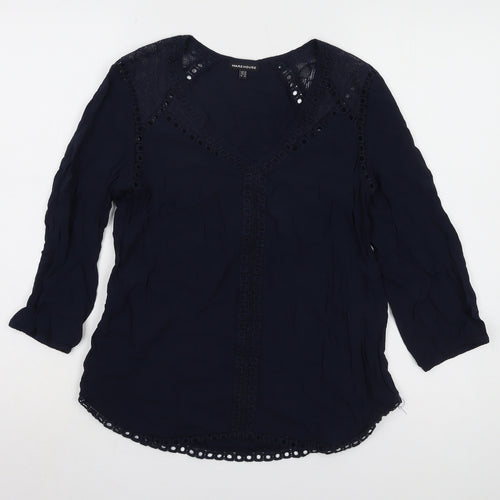 Warehouse Women's Blue V-Neck Lace Accent Top Size 10