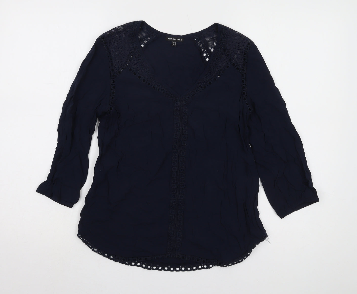 Warehouse Women's Blue V-Neck Lace Accent Top Size 10