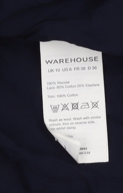 Warehouse Women's Blue V-Neck Lace Accent Top Size 10