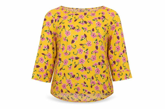 Front view of Next Women's Yellow Floral Blouse, size 12, Spring Ready