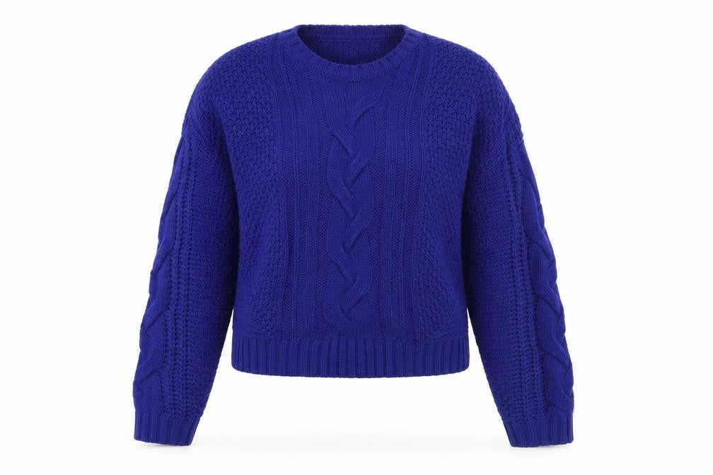 Front view of Axara Women's Blue Cable-Knit jumper, size M