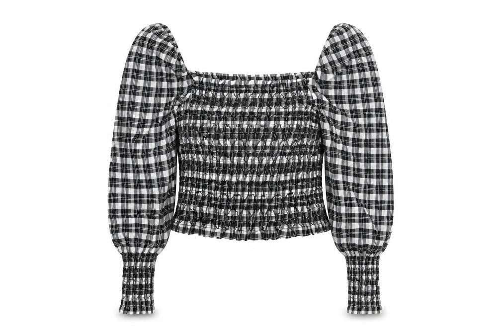 Front view of H&M Women's Black Cropped Plaid Blouse M