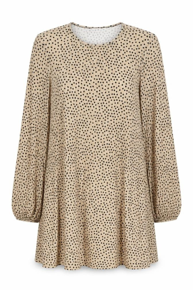 Front view of Stradivarius Women's Beige Polka Dot A-Line Dress