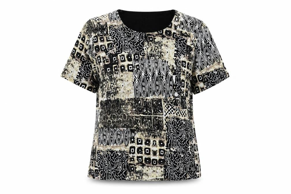 Front view of TIGI Women's Geometric Print T-Shirt, size 14, Black