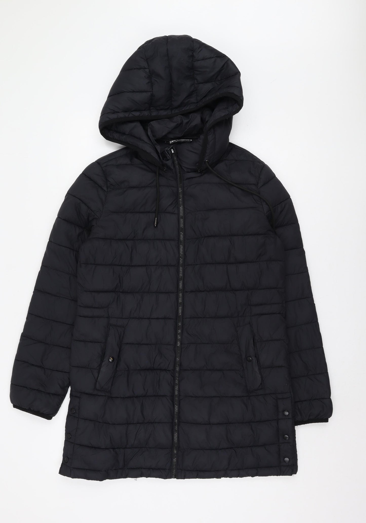 Zara Women's Black Mid-Length Hooded Jacket Size M