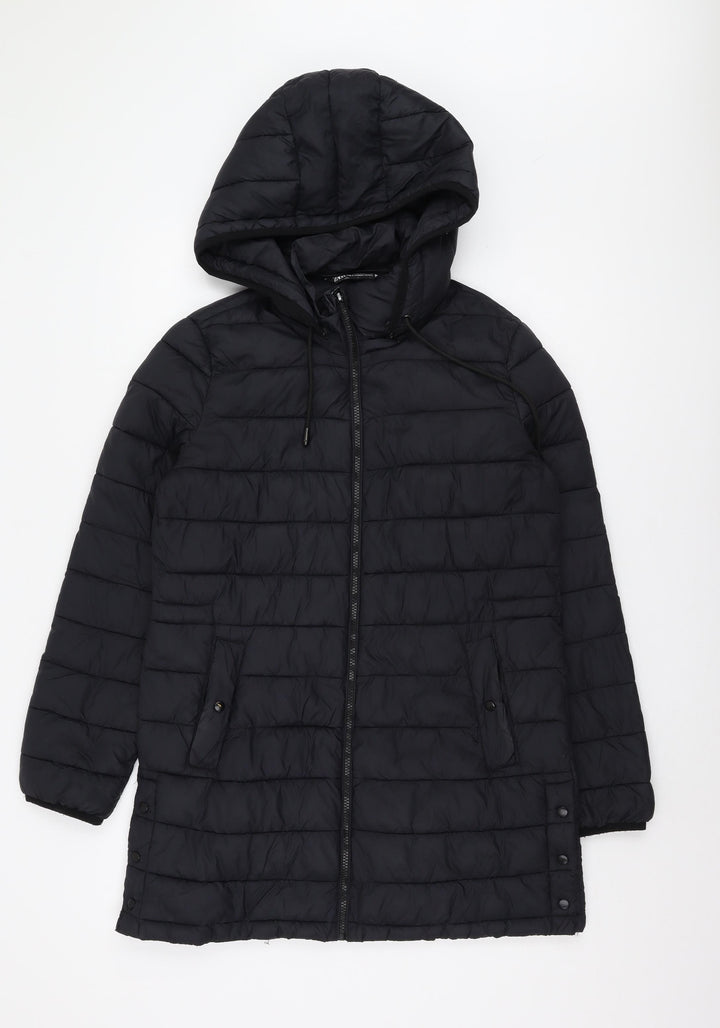 Zara Women's Black Mid-Length Hooded Jacket Size M