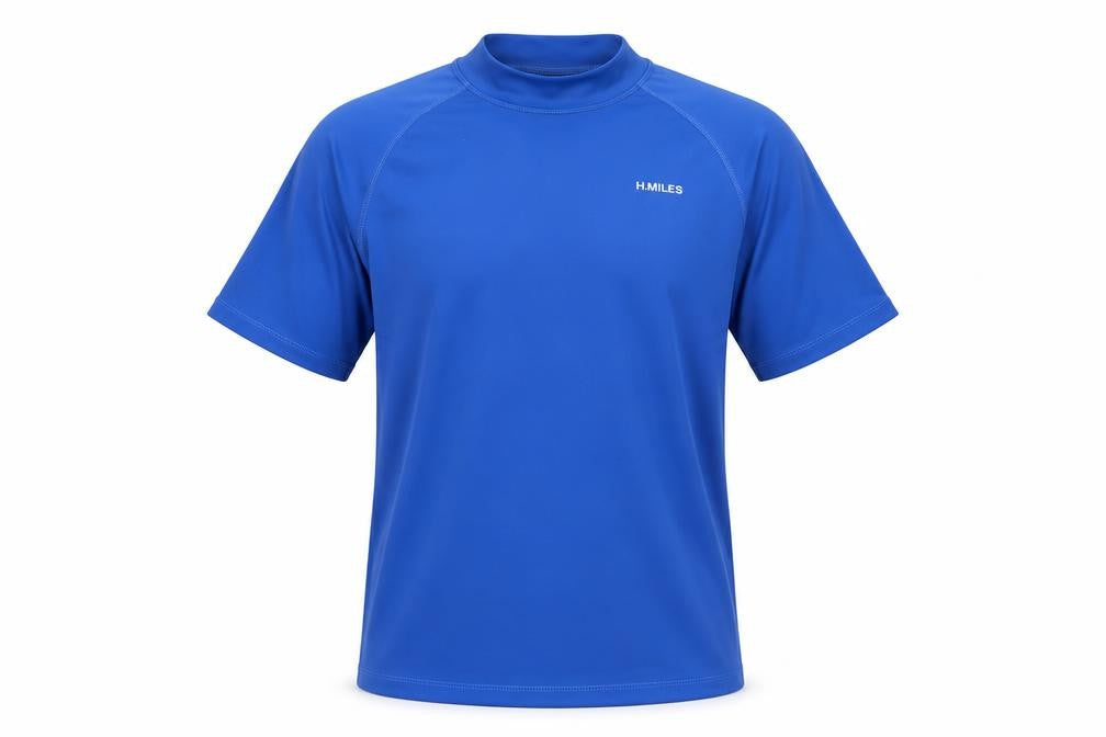 Front view of H.MILES Men's Blue Athletic T-Shirt, size S
