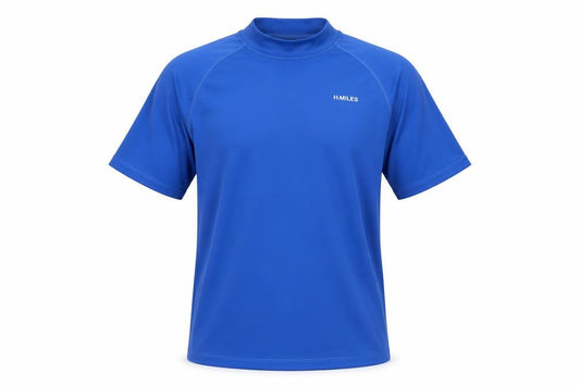 Front view of H.MILES Men's Blue Athletic T-Shirt, size S