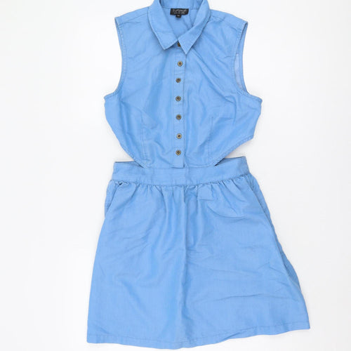 Topshop Blue Shirt Dress Women Size 10 Collared Sleeveless