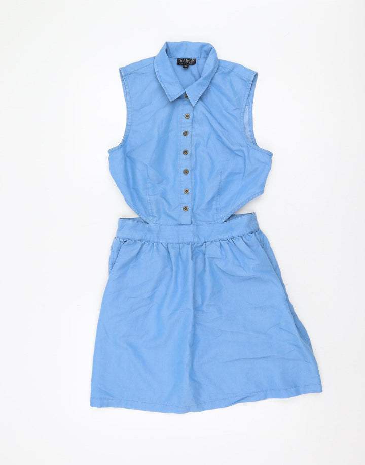 Topshop Blue Shirt Dress Women Size 10 Collared Sleeveless