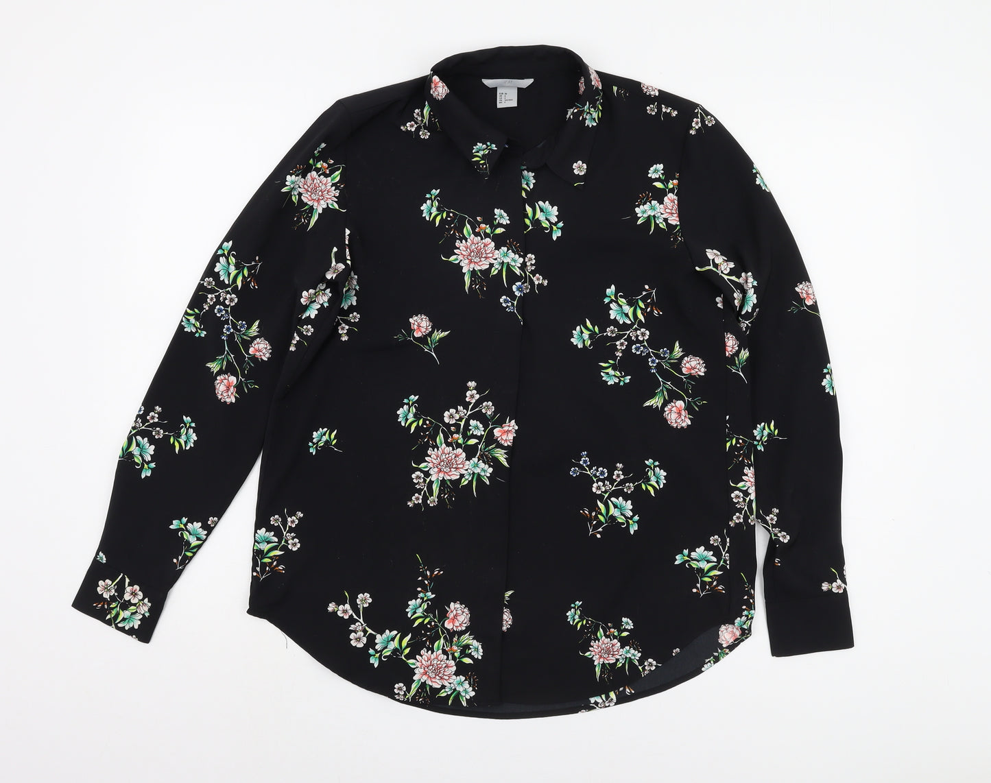 H&M Women's Black Floral Button-Up Shirt Size 8