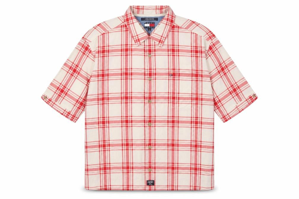 Front view of Tommy Jeans Men's Red XL Plaid Button-Up Shirt