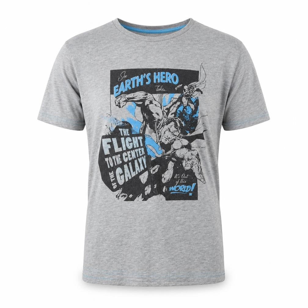 Front view of Superman Men's Grey Comic Logo T-Shirt, size L