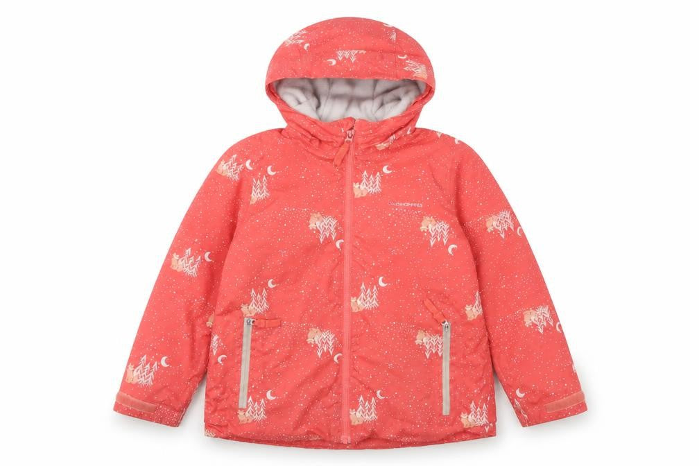 Front view of Craghoppers girls’ red animal print waterproof jacket
