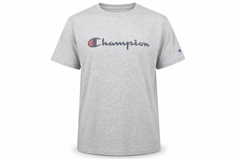 Front view of Champion Men's Grey Medium Crew Neck T-Shirt with Logo