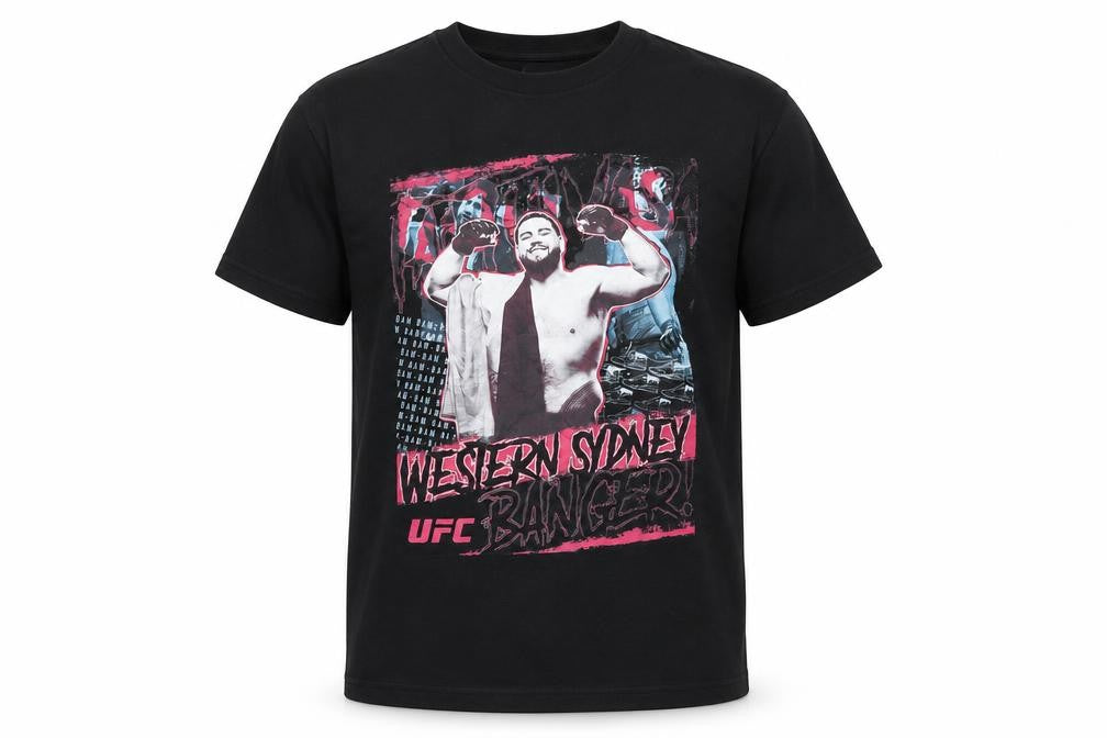 Front view of UFC Men's Black Graphic Print T-Shirt, size S