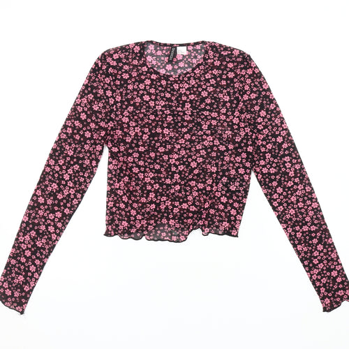 H&M Women's Black Floral Cropped Long Sleeve Blouse