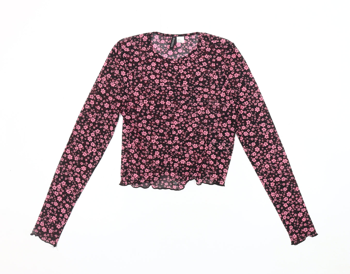 H&M Women's Black Floral Cropped Long Sleeve Blouse