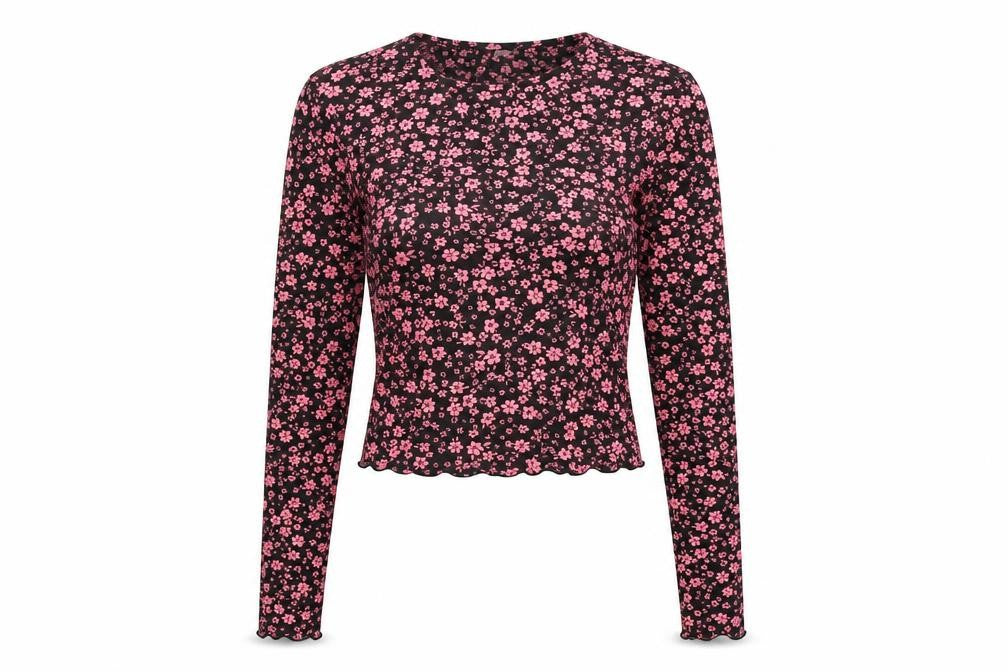 Front view of H&M Women's Black Floral Cropped Long Sleeve Blouse