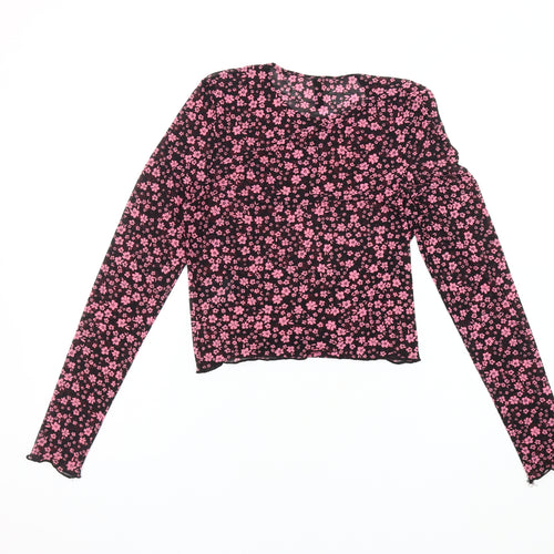 H&M Women's Black Floral Cropped Long Sleeve Blouse