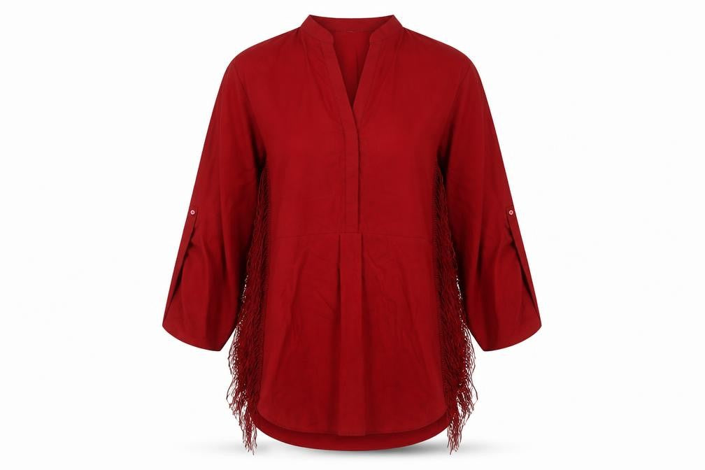 Front view of Zara Woman Red Fringe Blouse, size M, Tunic Style