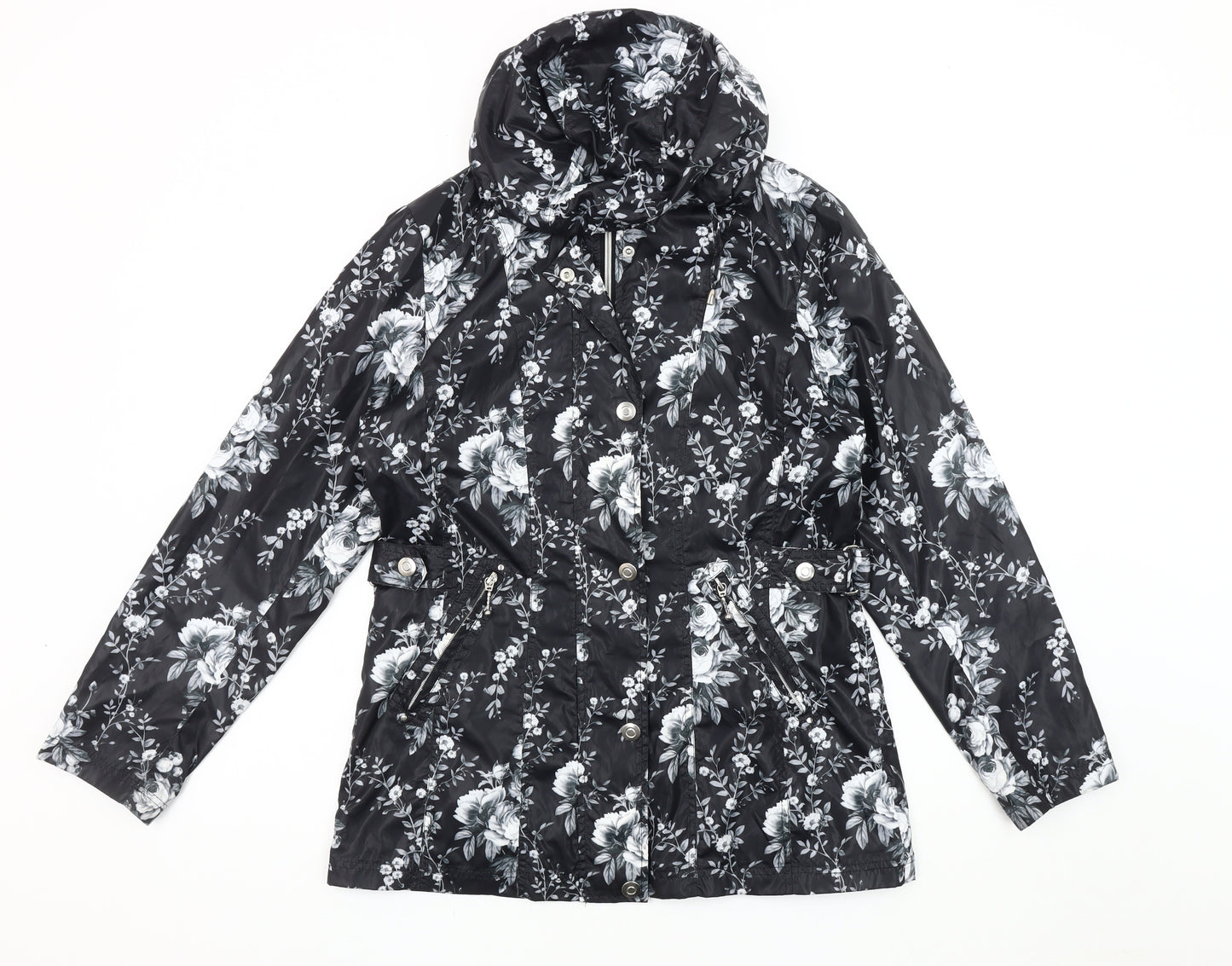 Finesse Women's Black Floral Rain Coat Size 10