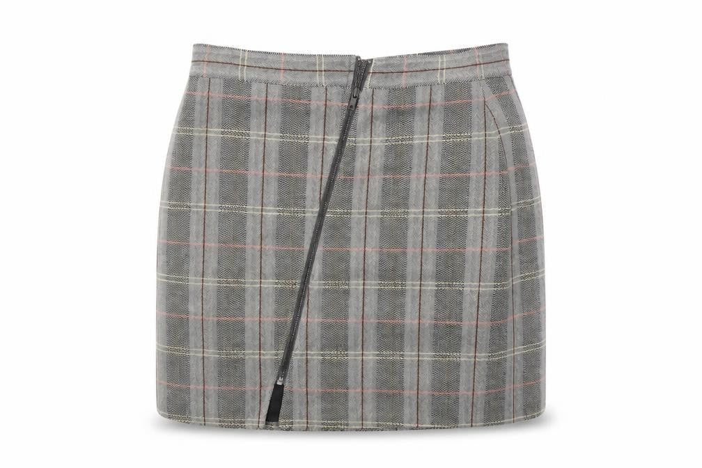 Front view of Label Lab Women's Grey Plaid Short Pencil Skirt, size 12