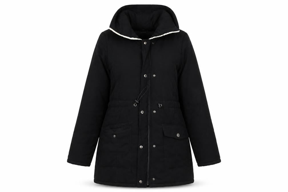 Front view of B.YOU Women's Black Hooded Parka Coat, size 12