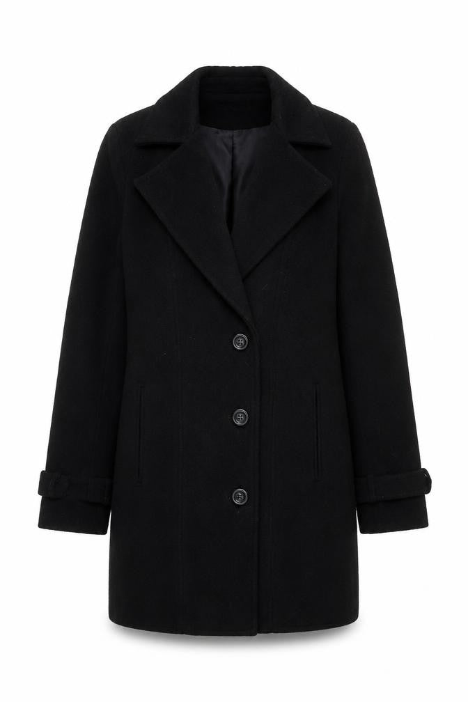 Front view of Missguided Women's Black Wool Overcoat, size M, Classic Style