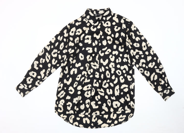 Zara Women's Black Animal Print Button-Up Shirt Size 12