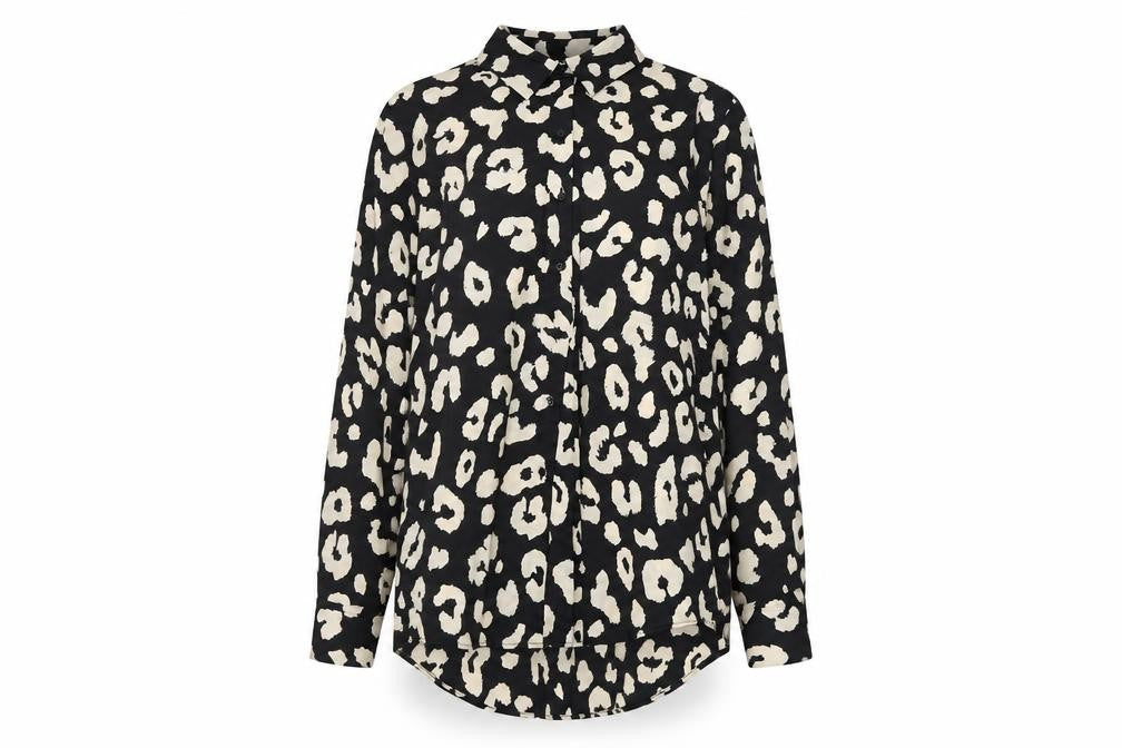 Front view of Zara Women's Black Animal Print Button-Up Shirt, size 12