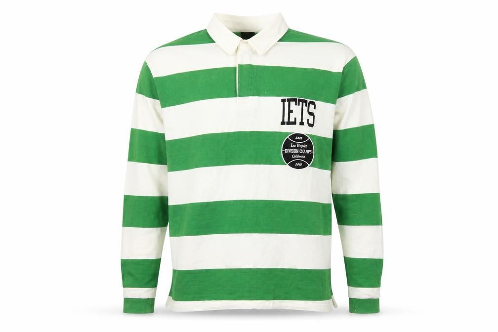 Front view of iets frans Men's Green Striped Polo, size S